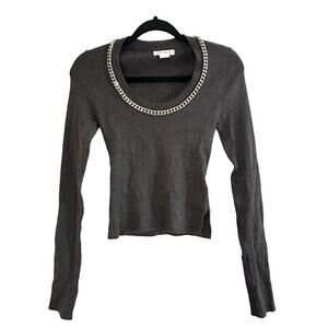 URBAN REVIVO Metal Chain Neckline Embellished Ribbed Top Shirt Charcoal - Sz 8